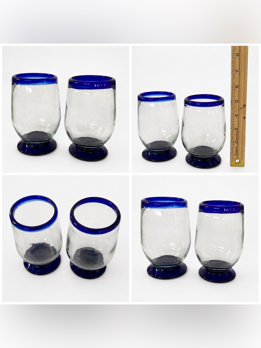 Vintage Mexican Hand Blown Cobalt Blue Rim Footed Snifter Glasses Set of 2 - Picture 3 of 3